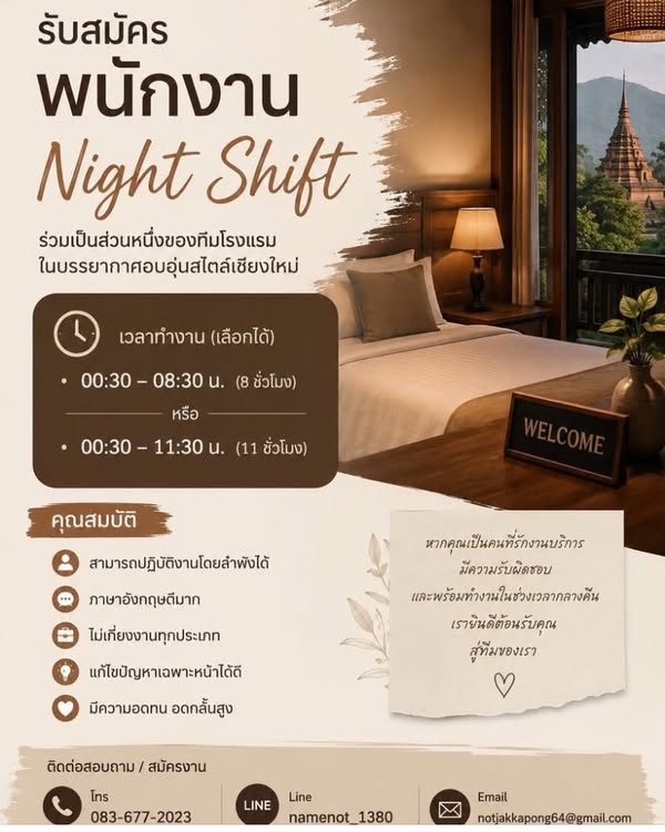 𝐍𝐢𝐧𝐞 𝐇𝐨𝐭𝐞𝐥 𝐂𝐡𝐢𝐚𝐧𝐠 𝐌𝐚𝐢 รับสมัครพนักงานกะกลางคืน (Night Shift) ด่วน