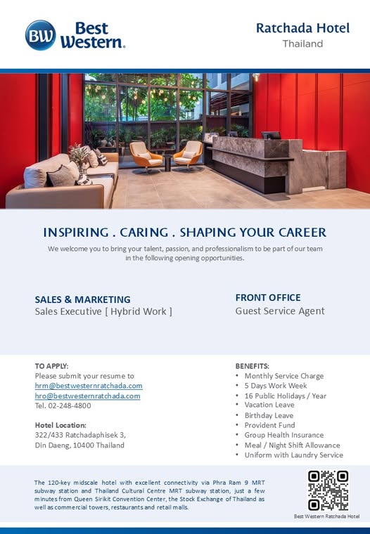 𝐁𝐞𝐬𝐭 𝐖𝐞𝐬𝐭𝐞𝐫𝐧 𝐑𝐚𝐭𝐜𝐡𝐚𝐝𝐚 รับสมัคร Sales Executive และ Guest Service Agent